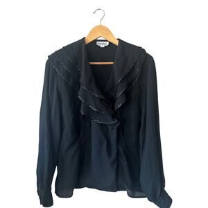 Vintage Sandra Ratan for San Andre Black Ruffle Front Blouse Size M